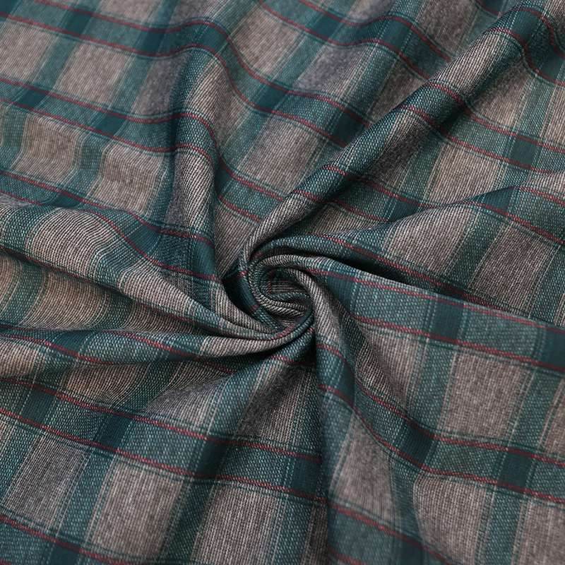 Tissu maille jacquard à carreaux vert, gris et lignes rouges