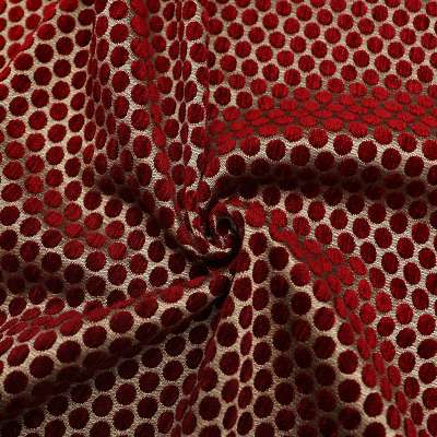 Tissu velours dévoré avec motifs cercles rouge et bronze