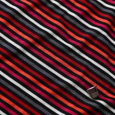 Tissu jersey de viscose rayé noir, orange et fuchsia