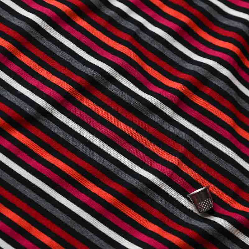 Tissu jersey de viscose rayé noir, orange et fuchsia