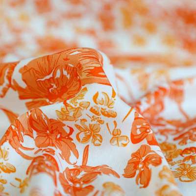 Tissu fibranne viscose imprimé floral orange-corail