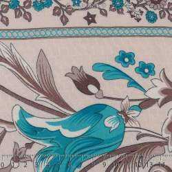 Tissu Viscose Imprimé Art Perse Fleuris à Bases Ton Turquoise Fond Blanc de Lin