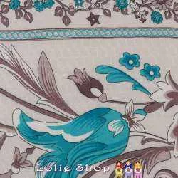 Tissu Viscose Imprimé Art Perse Fleuris à Bases Ton Turquoise Fond Blanc de Lin